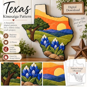 Op de afbeelding: Een Kinusaiga-patroon in de vorm van Texas met een landschap van een boom, lupinebloemen en een zonsondergang. Het ontwerp bevat de tekst: Texas Kinusaiga Pattern, Digital Download, Beginner Friendly, 12 Pieces, Large, Smooth Sections, Great for Scrap Fabrics.