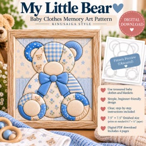 Könnte beinhalten: Ein gerahmtes Kunstwerk im Kinusaiga-Stil mit einem Teddybären-Design aus blauen und cremefarbenen Stoffstücken mit Blumen-, Stern- und Vichy-Mustern. Der Bär hat eine blaue Fliege und ist mit dem Text My Little Bear versehen.