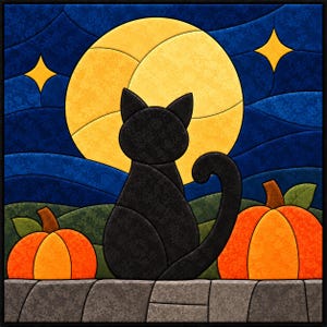 May include: A fabric wall hanging featuring a black cat silhouette sitting on a grey stone wall. Behind the cat is a large yellow full moon in a dark blue night sky with two yellow stars. Two orange pumpkins with green leaves sit on the wall.