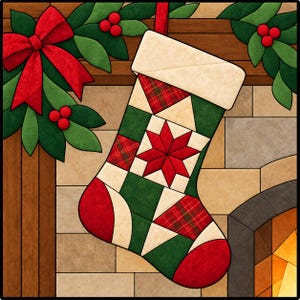 May include: A quilted Christmas stocking featuring a patchwork design with a central red star, green and cream geometric blocks, and red plaid accents. The stocking has a solid cream cuff and a red toe and heel, hanging against a stone fireplace.