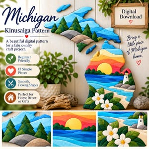 May include: A Kinusaiga pattern of Michigan featuring two map sections. The top section shows green pine trees and grey hills against a blue sky. The bottom section depicts a sunset over water with a lighthouse, sandy beach, and white flowers.