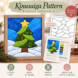 Può includere: Un download digitale di un modello Kinusaiga raffigurante un albero di Natale incorniciato con una stella gialla, rami verdi con motivo a agrifoglio e sfondo blu. Include un foglio con il modello a linee, una guida e etichette.