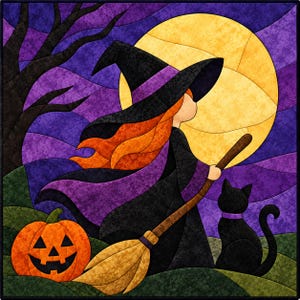 May include: A quilt pattern illustration featuring a witch with long orange hair wearing a black hat and cloak, holding a broomstick. A large yellow full moon, a dark tree, a carved orange jack-o'-lantern, and a black cat are visible.
