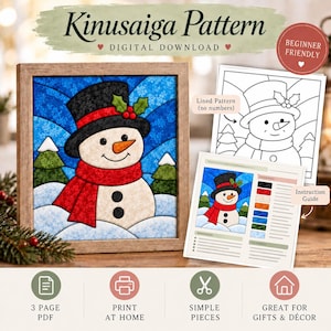 May include: A Kinusaiga pattern digital download featuring a snowman in a black top hat with holly, a red scarf, and two black buttons. The set includes a lined pattern, an instruction guide, and a finished example in a wooden frame.