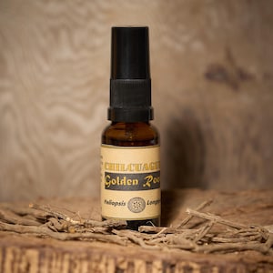 May include: An amber glass bottle with a black spray top, labelled "Chilcuague Golden Root." The label is tan with black and gold text. The bottle rests on a wooden surface with dried plant material.