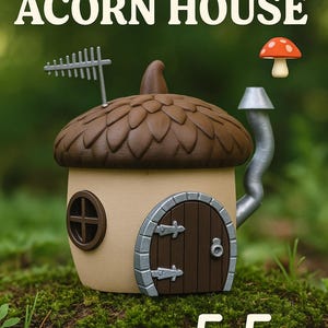 Fairytale Acorn House – 3D Printed Fantasy Cottage for Garden or Display | 5.5in Tall Fairy Hut with Door, Window & Antenna Charm