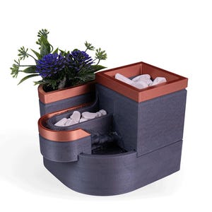 3D Printed Modern Tabletop Fountain with Planter – Water Feature for Desk or Home, Includes Pump, Geometric Indoor Decor Piece
