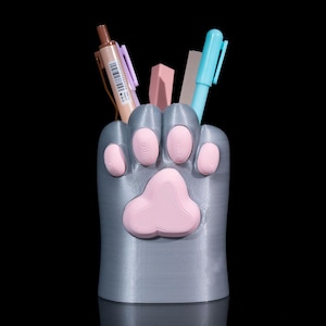 Cat Paw Pen Holder – 3D Printed Kawaii Desk Organizer in Gray and Pink, Cute Animal Stationery Cup for Cat Lovers & Office Decor