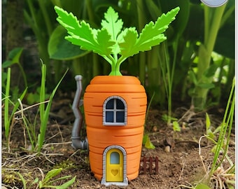 Casa de fadas de cenoura faça você mesmo – Casa de vegetais impressa em 3D com telhado de folhas e chaminé – Decoração de jardim de fadas ou presente criativo