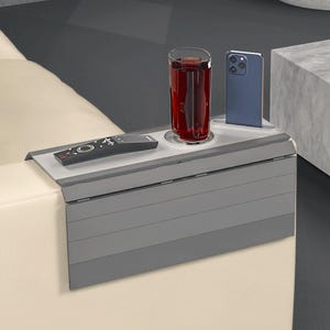 Quick Rest Couch Arm Tray – Modern Sofa Table with Cupholder and Phone Slot, Flexible Armrest Caddy for Remotes, Drinks and More