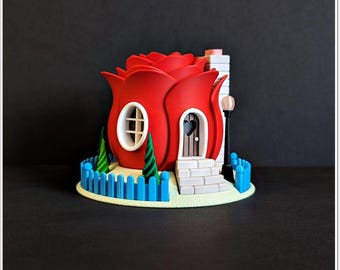 Casa de fadas com rosas faça você mesmo – Casa de campo personalizada com flores coloridas e impressa em 3D com porta em forma de coração, cerca e chaminé