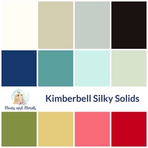 May include: A colour chart of 10 different solid colours from the Kimberbell Silky Solids fabric line. The colours are: white, beige, light blue, black, navy blue, teal, light aqua, light green, olive green, yellow, pink, and red.