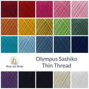 May include: A collection of 20 skeins of Olympus Sashiko Thin Thread in various colors, including red, orange, yellow, green, blue, purple, black, and white.