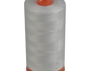 May include: A white spool of thread with an orange plastic top and bottom. The thread is wound tightly around the spool.