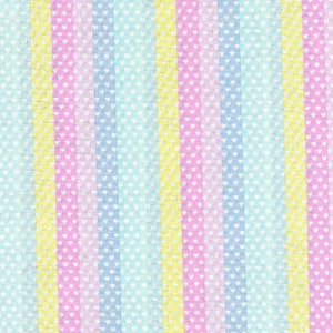 May include: A colorful striped fabric with a pattern of white hearts. The fabric is in shades of yellow, pink, blue, and light blue.