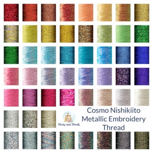 May include: A collection of 40 spools of Cosmo Nishikiito Metallic Embroidery Thread in various colors, including red, gold, green, blue, pink, purple, white, and silver. The thread is wound on white spools with black labels.