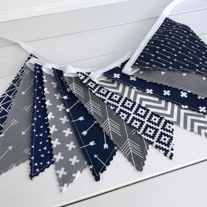 Arrows Fabric Bunting Banner Garland, Blue and Gray Woodland Nursery Decor, Party Banner Bunting Navy Blue and Gray Woodland Arrows image 2