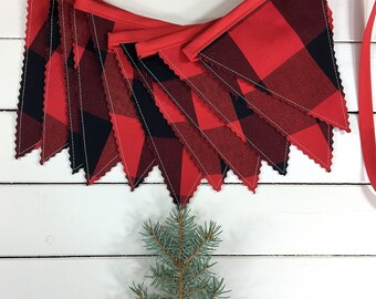Buffalo Plaid Christmas Garland Bunting Banner for Holiday Party or Fireplace Mantel - Red and Black Buffalo Plaid