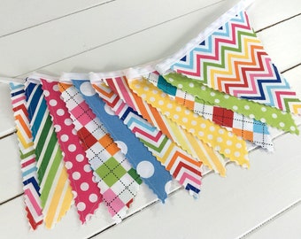 Rainbow Colorful Fabric Banner Bunting, Rainbow Baby Shower, Happy Birthday Banner Garland - Bright Rainbow with Pink