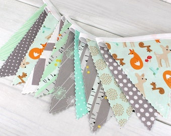 Woodland Fox Bunting Banner Garland, Bunting Flags, Nursery Garland, Party Decorations - Mint Gray Birch Trees Fox and Deer Woodland Animals