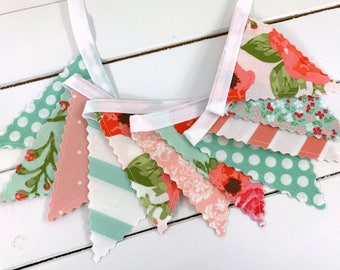 Watercolor Flowers Bunting Banner Mini Fabric Garland Shabby Chic Nursery Decor Blush - Pink, Mint Green, Coral Pink, White, Flowers, Floral