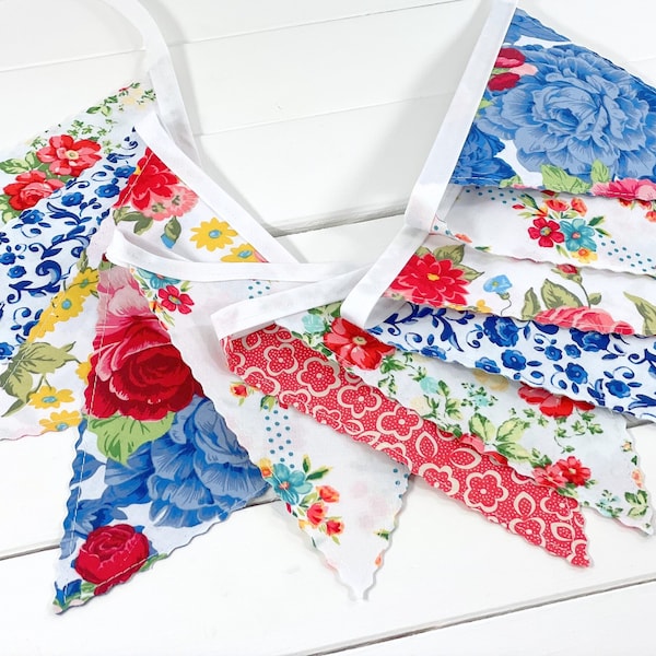 Pioneer Woman Red and Blue Flowers Garland Bunting Banner, Baby In Bloom, Flower Garland - Pioneer Woman Decor Red and Blue Vintage Floral