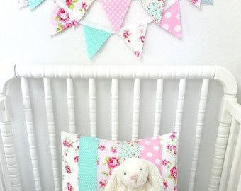 Coquette Room Decor, Shabby Chic Bunting Banner, Nursery Garland, Baby Shower Banner - Pink and Aqua Blue Roses and Flowers