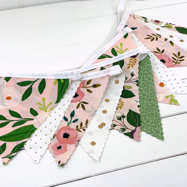 Boho Nursery Decor, Fabric Bunting Banner, Nursery Bunting - Bohemian Floral Blush Pink and Green Flowers