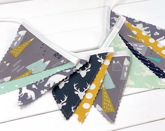 Woodland Garland Bunting Banner, Birthday Banner, Mountain Nursery Décor - Gray Mountains and Woodland Animals