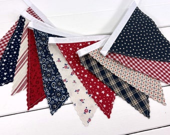 Fourth of July Banner Bunting, Independence Day Garland, Red and Blue Stars Mantel Décor - Country Quilt Stars, Flowers and Plaids