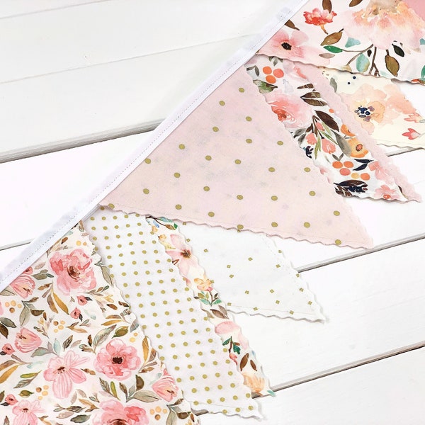 Wildflower Fabric Bunting Banner for Baby Shower or Bridal Shower, Coquette Aesthetic - Blush Pink and Gold Indy Bloom Watercolors Floral