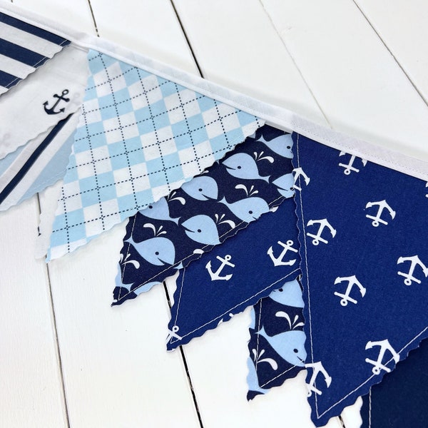 Whale and Anchors Garland Banner Fabric Bunting, Ocean Nursery Décor, Nautical Baby Shower Banner - Dark Blue and Light Blue Anchors Whales