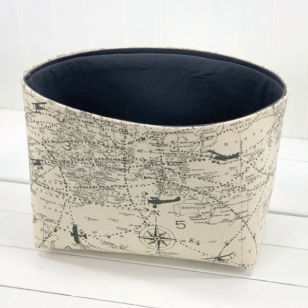 World Map Storage Basket Organizer Bin, Fabric Storage Bin Organizer Basket - Vintage Maps and Airplanes