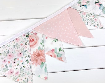 Wildflowers Flower Banner Bunting Floral Garland Coquette Aesthetic Baby in Bloom Pennant Banner - Blush Pink Watercolor Flowers on Shiplap