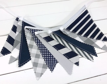 Buffalo Plaid Stripes Garland Banner Bunting, Baby Boy Nursery Décor, Fabric Pennant Banner Flags - Dark Blue and Gray Buffalo Plaid