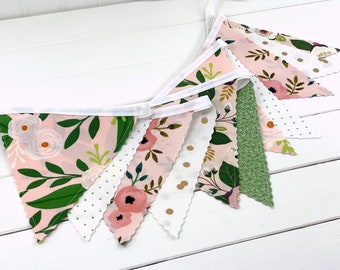 Boho Nursery Decor, Fabric Bunting Banner, Nursery Bunting - Bohemian Floral Blush Pink and Green Flowers