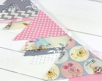 Pooh Banner Garland Bunting, Winnie the Pooh Nursery Decor - Pooh Bear, Tigger and Eeyore in Pink and Gray