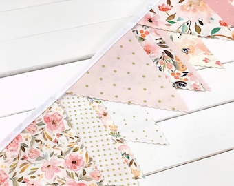Wildflower Fabric Bunting Banner for Baby Shower or Bridal Shower, Coquette Aesthetic - Blush Pink and Gold Indy Bloom Watercolors Floral