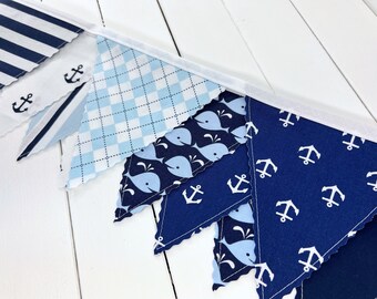 Whale and Anchors Garland Banner Fabric Bunting, Ocean Nursery Décor, Nautical Baby Shower Banner - Dark Blue and Light Blue Anchors Whales