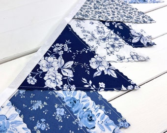 Blue Floral Spring Flowers Fabric Bunting Banner for Baby Shower or Bridal Shower, Coquette Aesthetic - Blue and White Classic Florals