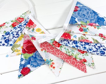 Pioneer Woman Red and Blue Flowers Garland Bunting Banner, Baby In Bloom, Flower Garland - Pioneer Woman Decor Red and Blue Vintage Floral