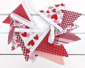 Valentine's Heart Garland Bunting Banner, Flowers Mini Bunting Flags - Blush Pink and Red Roses and Flowers with Vintage Plaid