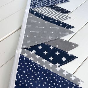 Arrows Fabric Bunting Banner Garland, Blue and Gray Woodland Nursery Decor, Party Banner Bunting Navy Blue and Gray Woodland Arrows image 7