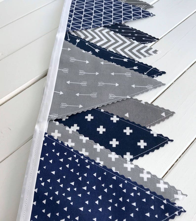 Arrows Fabric Bunting Banner Garland, Blue and Gray Woodland Nursery Decor, Party Banner Bunting Navy Blue and Gray Woodland Arrows image 7