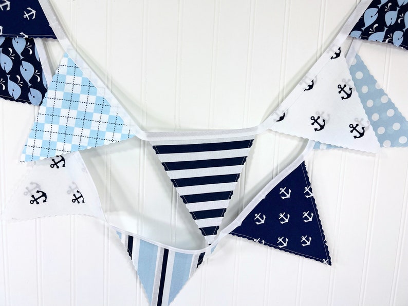 Whale and Anchors Garland Banner Fabric Bunting, Ocean Nursery Décor, Nautical Baby Shower Banner Dark Blue and Light Blue Anchors Whales image 9