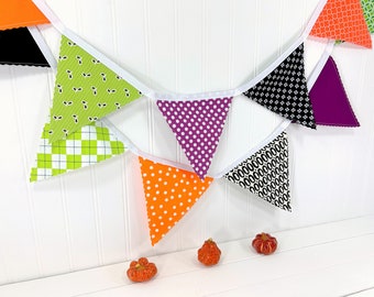 Halloween Garland Bunting Banner, Fall Front Porch Décor, Autumn Mantel Garland - Pumpkin Orange, Purple, Black, Green