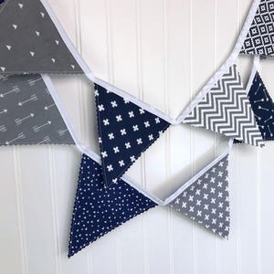 Arrows Fabric Bunting Banner Garland, Blue and Gray Woodland Nursery Decor, Party Banner Bunting Navy Blue and Gray Woodland Arrows image 3