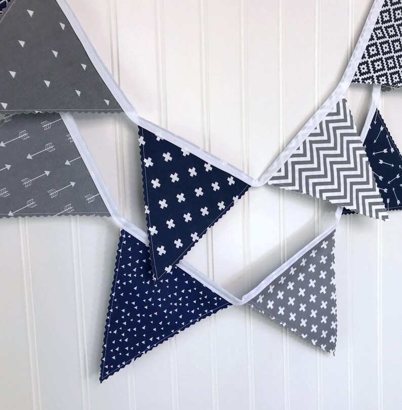 Arrows Fabric Bunting Banner Garland, Blue and Gray Woodland Nursery Decor, Party Banner Bunting Navy Blue and Gray Woodland Arrows image 3