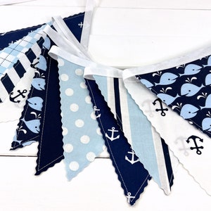Whale and Anchors Garland Banner Fabric Bunting, Ocean Nursery Décor, Nautical Baby Shower Banner Dark Blue and Light Blue Anchors Whales image 7