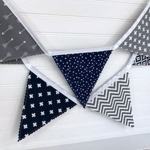 Arrows Fabric Bunting Banner Garland, Blue and Gray Woodland Nursery Decor, Party Banner Bunting Navy Blue and Gray Woodland Arrows image 10